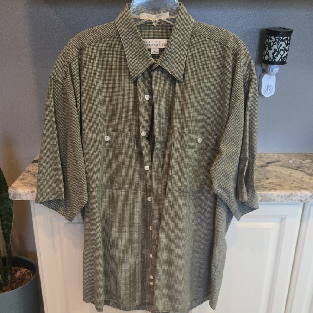 Perry Ellis Green Micro-Check Short Sleeve Button Shirt 16.5 Neck 100% Cotton